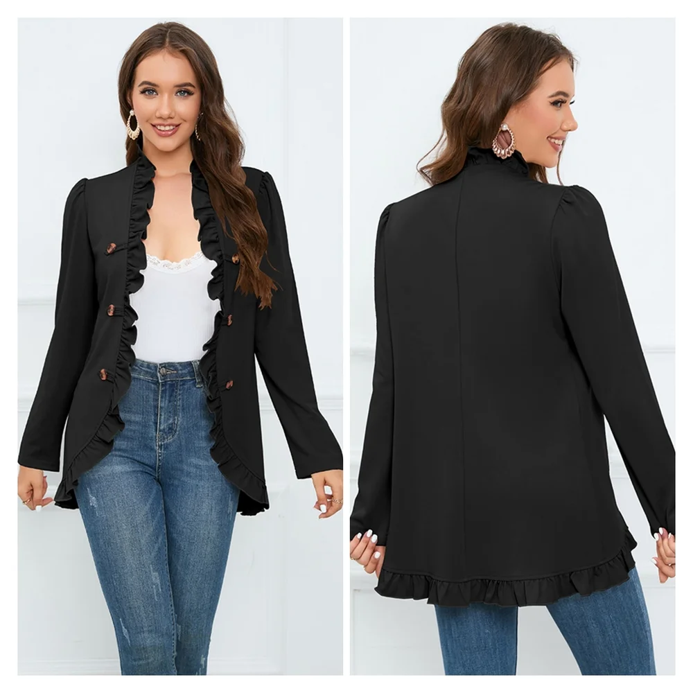 Black Ruffle Trim Blazer - Picture 3 of 10